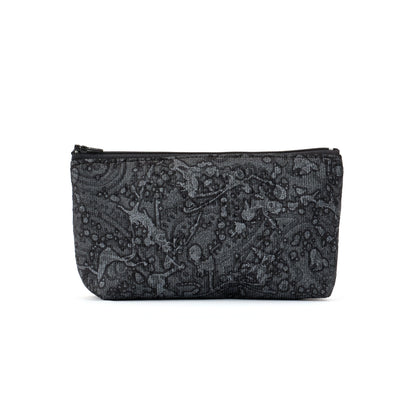 zip top purse in grey paisley ink splatter remnant fabric made In Melbourne Eloise the label