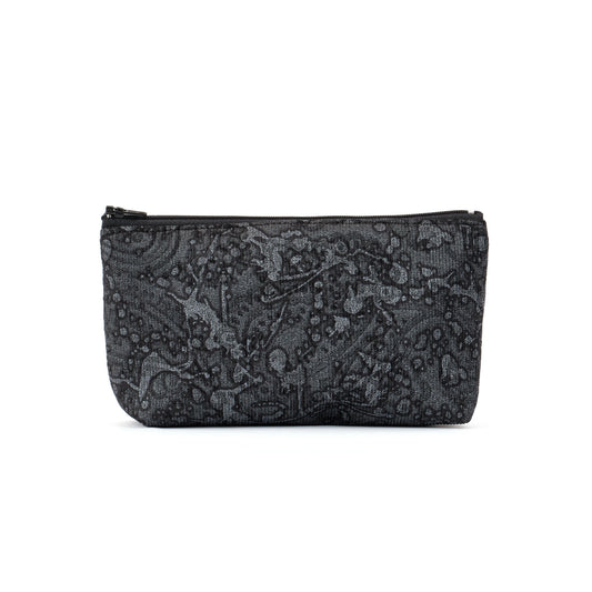 zip top purse in grey paisley ink splatter remnant fabric made In Melbourne Eloise the label