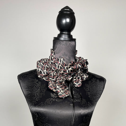 Black gold and wine geometric patterned ruffle collar scarf upcycled vintage tie made in Melbourne unique accessory Eloise the label