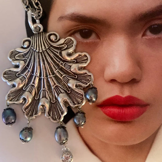 Sea Poet Necklace - Antique Silver Ornate Victorian Shell Pendant With Drop Pearls