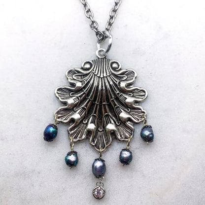 Sea Poet Necklace - Antique Silver Ornate Victorian Shell Pendant With Drop Pearls