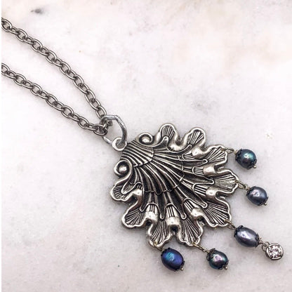 Sea Poet Necklace - Antique Silver Ornate Victorian Shell Pendant With Drop Pearls