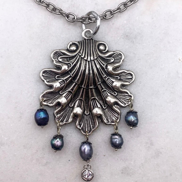 Sea Poet Necklace - Antique Silver Ornate Victorian Shell Pendant With Drop Pearls