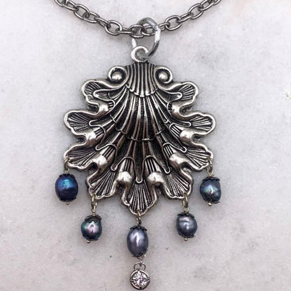 Sea Poet Necklace - Antique Silver Ornate Victorian Shell Pendant With Drop Pearls