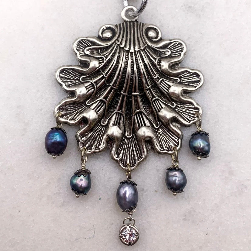 Sea Poet Necklace - Antique Silver Ornate Victorian Shell Pendant With Drop Pearls