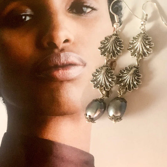Sea Spary Earrings - Vintage Silver Shells With Baroque Pearl Drops