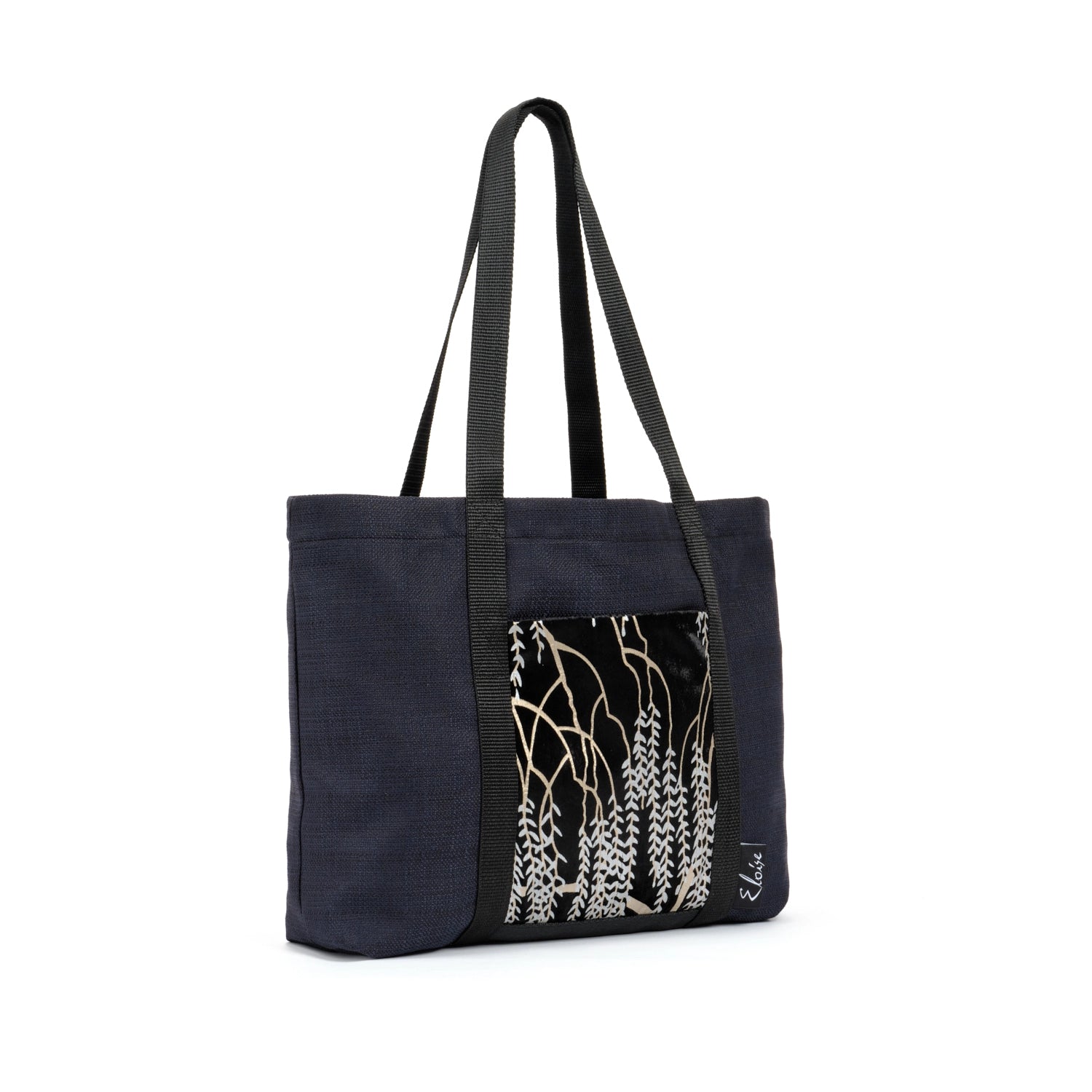 Black tote bag with gold and silver willow vine print black velvet remnant fabric front pocket matching purse set fully lined made in Melbourne Eloise the label