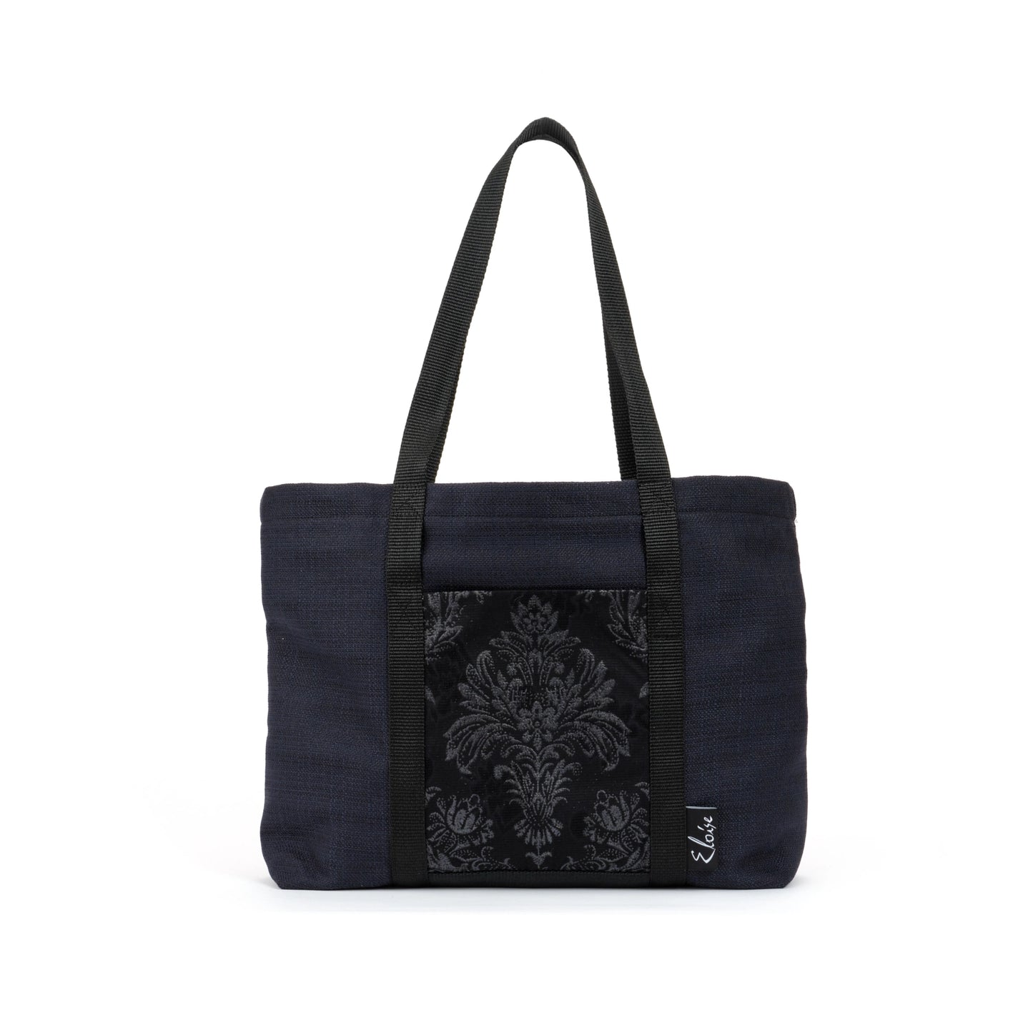 Black tote bag with black floral fleur de lis remnant fabric front pocket matching purse set fully lined made in Melbourne Eloise the label