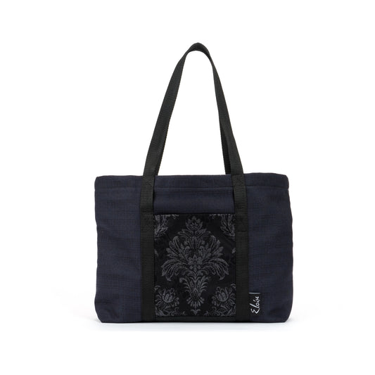 Black tote bag with black floral fleur de lis remnant fabric front pocket matching purse set fully lined made in Melbourne Eloise the label