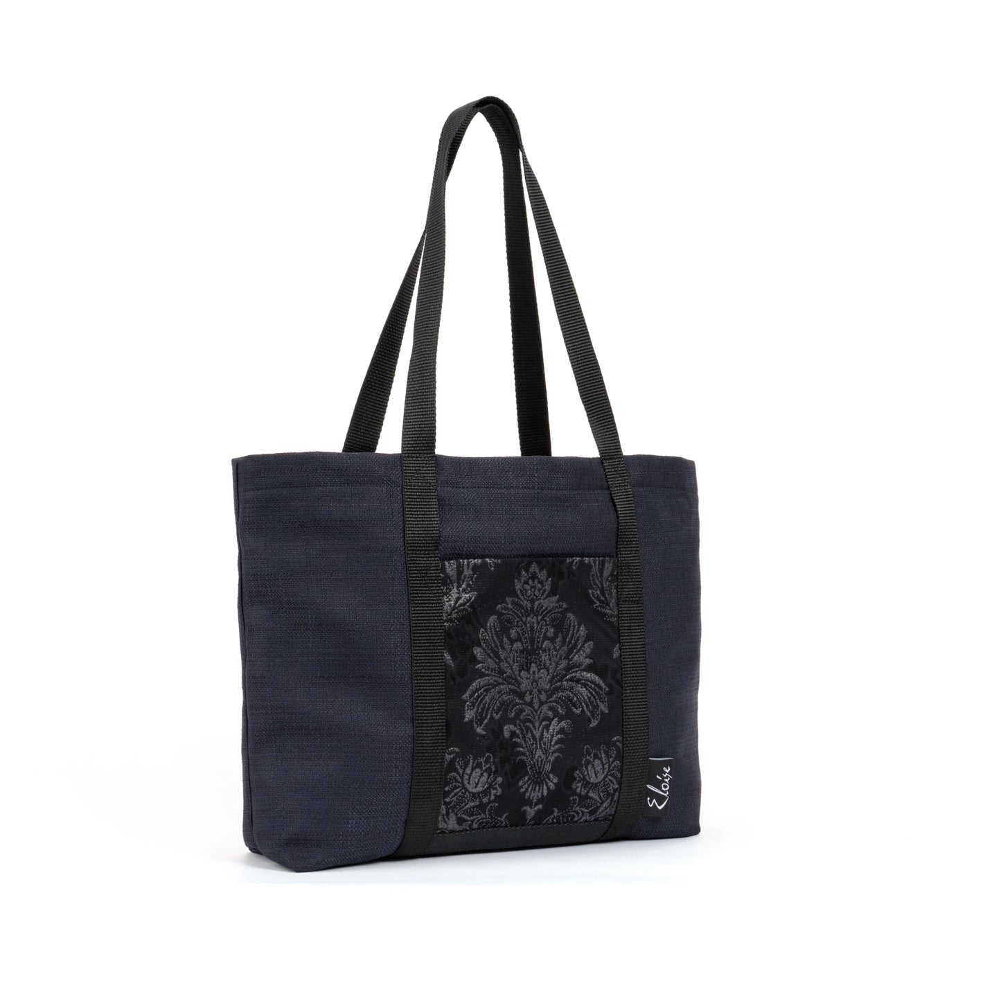 Black tote bag with black floral fleur de lis remnant fabric front pocket matching purse set fully lined made in Melbourne Eloise the label