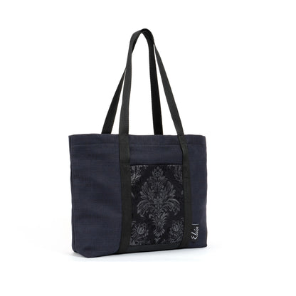 Black tote bag with black floral fleur de lis remnant fabric front pocket matching purse set fully lined made in Melbourne Eloise the label