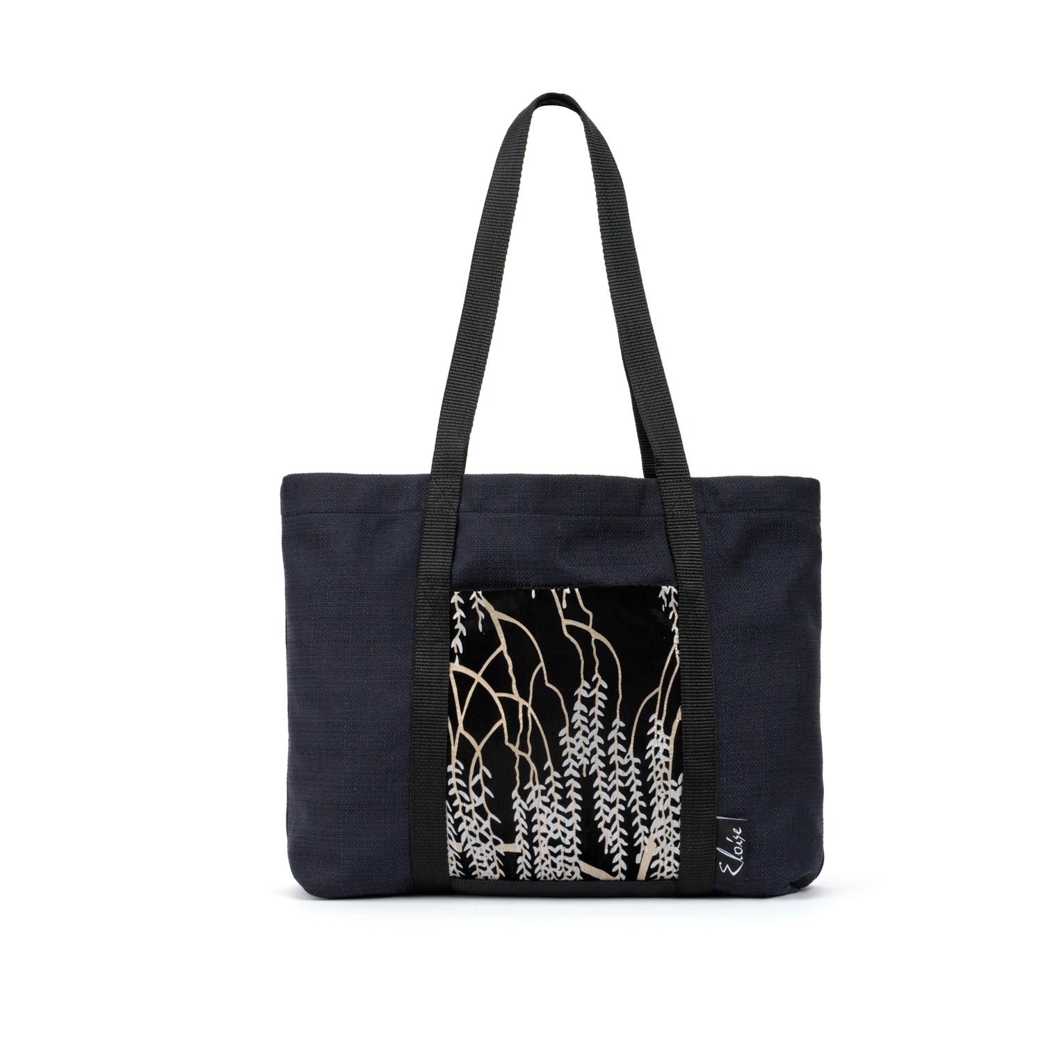 Black tote bag with gold and silver willow vine print black velvet remnant fabric front pocket matching purse set fully lined made in Melbourne Eloise the label