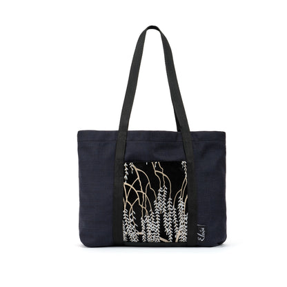 Black tote bag with gold and silver willow vine print black velvet remnant fabric front pocket matching purse set fully lined made in Melbourne Eloise the label