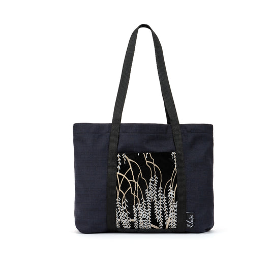 Black tote bag with gold and silver willow vine print black velvet remnant fabric front pocket matching purse set fully lined made in Melbourne Eloise the label