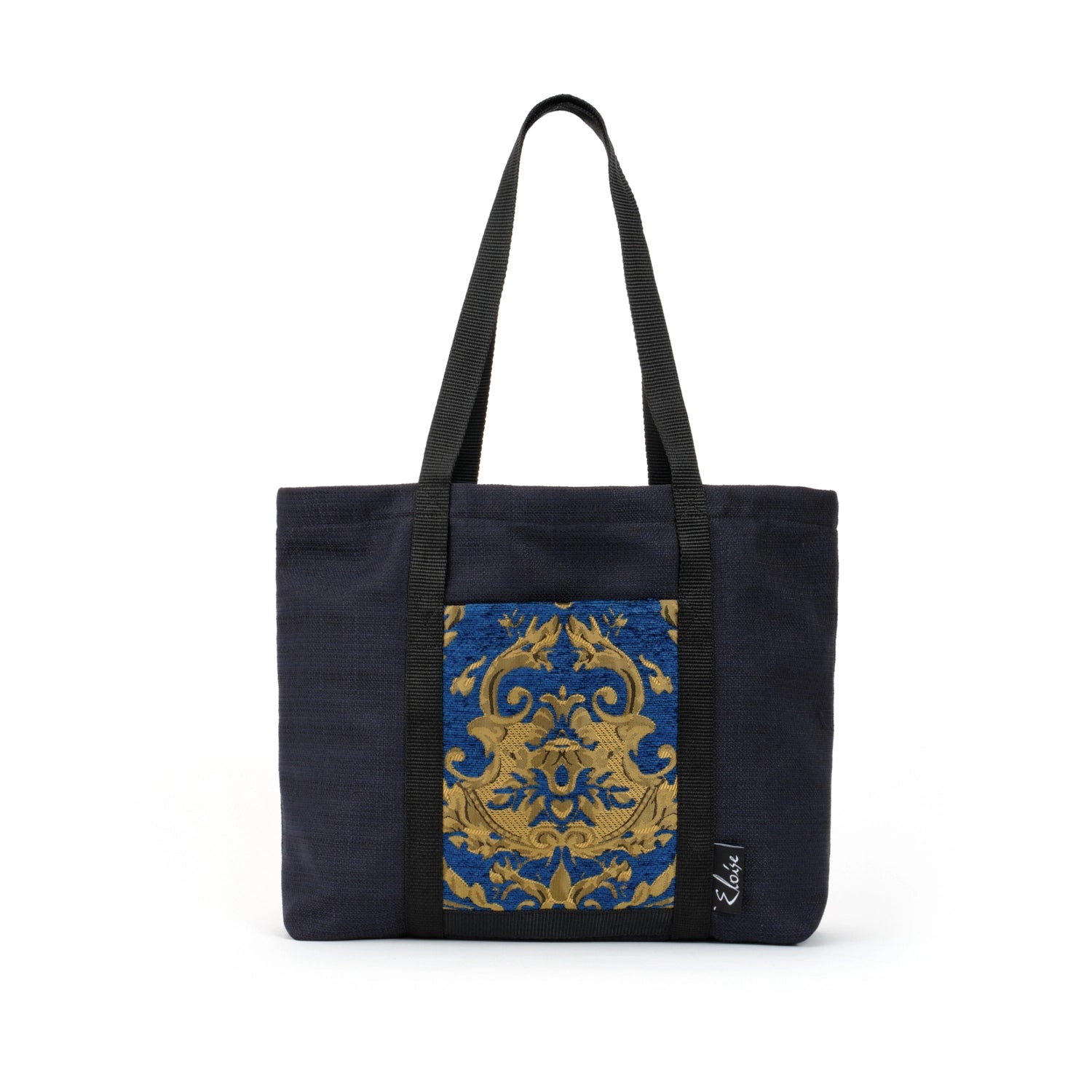 Black tote bag with blue and gold remnant fabric front pocket matching purse set fully lined made in Melbourne Eloise the label