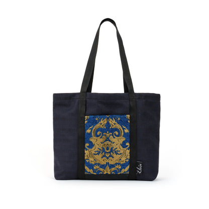 Black tote bag with blue and gold remnant fabric front pocket matching purse set fully lined made in Melbourne Eloise the label