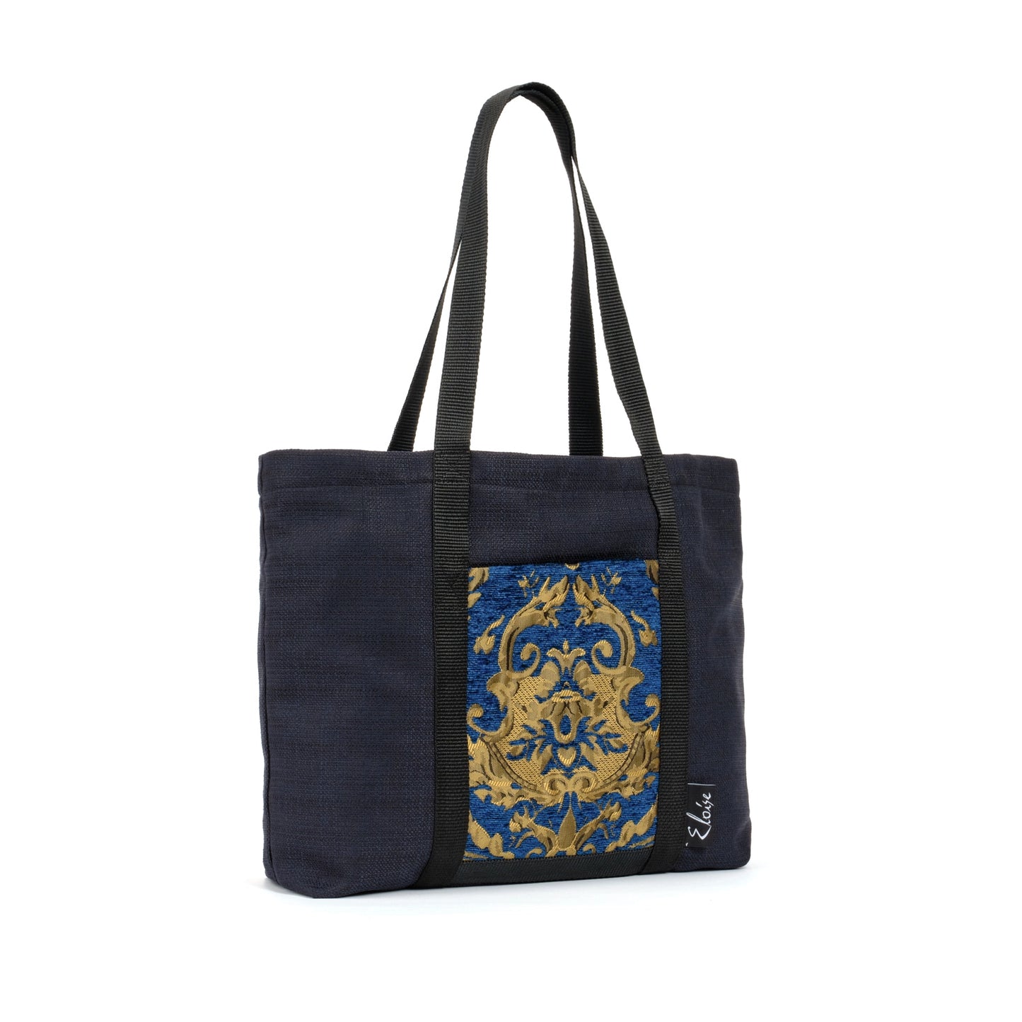 Black tote bag with blue and gold remnant fabric front pocket matching purse set fully lined made in Melbourne Eloise the label