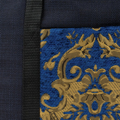 Black tote bag with blue and gold remnant fabric front pocket matching purse set fully lined made in Melbourne Eloise the label