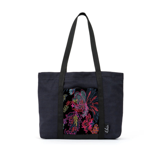 Black tote bag with pink floral embroidered black velvet remnant fabric front pocket matching purse set fully lined made in Melbourne Eloise the label