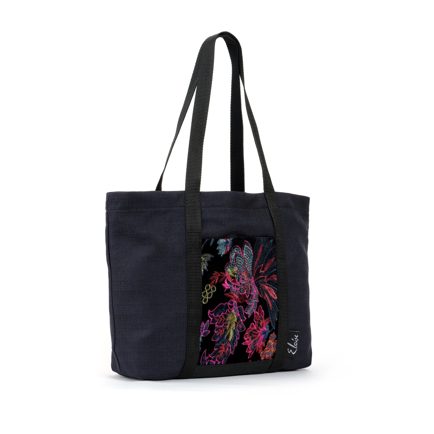Black tote bag with pink floral embroidered black velvet remnant fabric front pocket matching purse set fully lined made in Melbourne Eloise the label