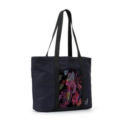 Black tote bag with pink floral embroidered black velvet remnant fabric front pocket matching purse set fully lined made in Melbourne Eloise the label