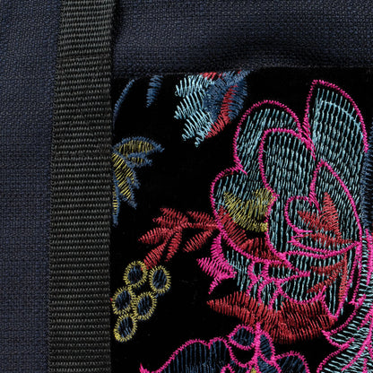 Black tote bag with pink floral embroidered black velvet remnant fabric front pocket matching purse set fully lined made in Melbourne Eloise the label