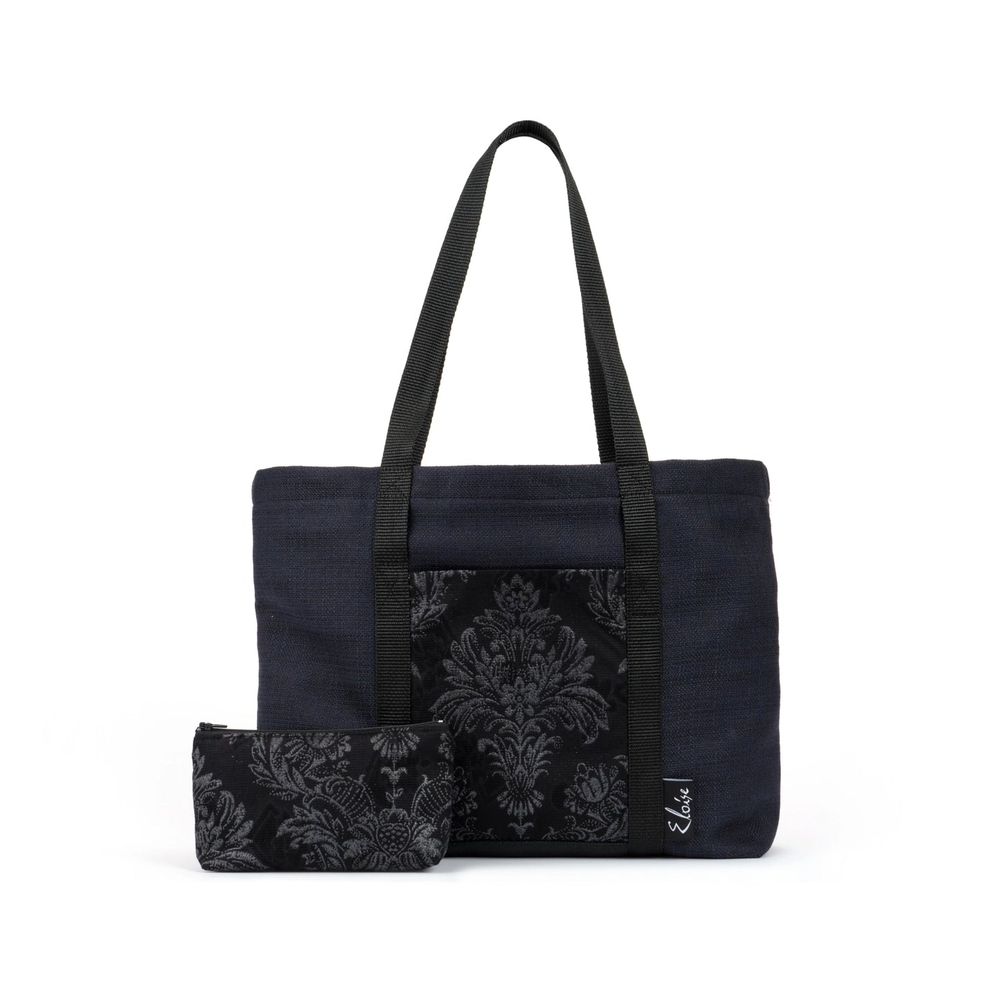 Black tote bag with black floral fleur de lis remnant fabric front pocket matching purse set fully lined made in Melbourne Eloise the label