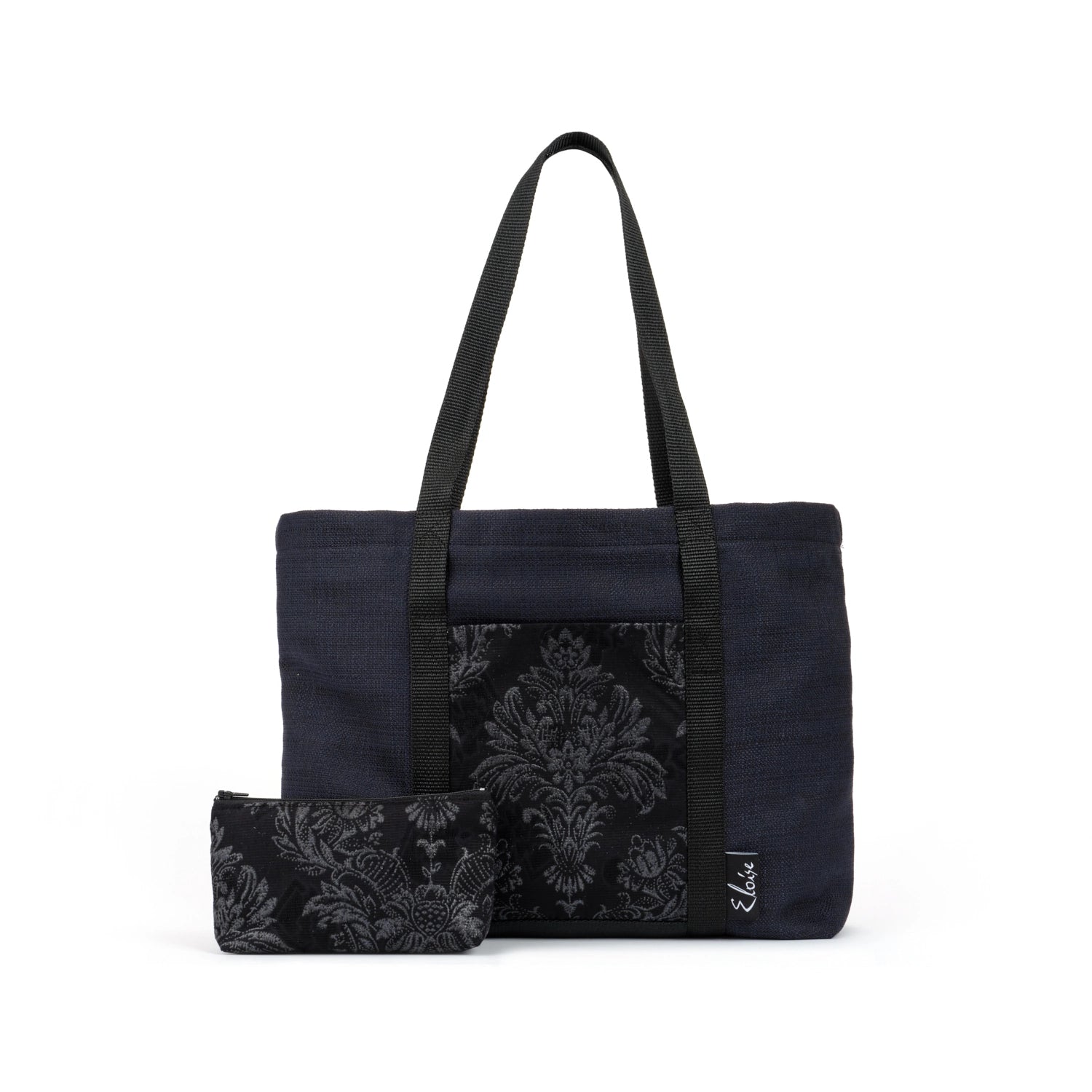 Black tote bag with black floral fleur de lis remnant fabric front pocket matching purse set fully lined made in Melbourne Eloise the label
