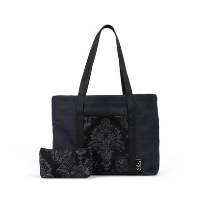 Black tote bag with black floral fleur de lis remnant fabric front pocket matching purse set fully lined made in Melbourne Eloise the label