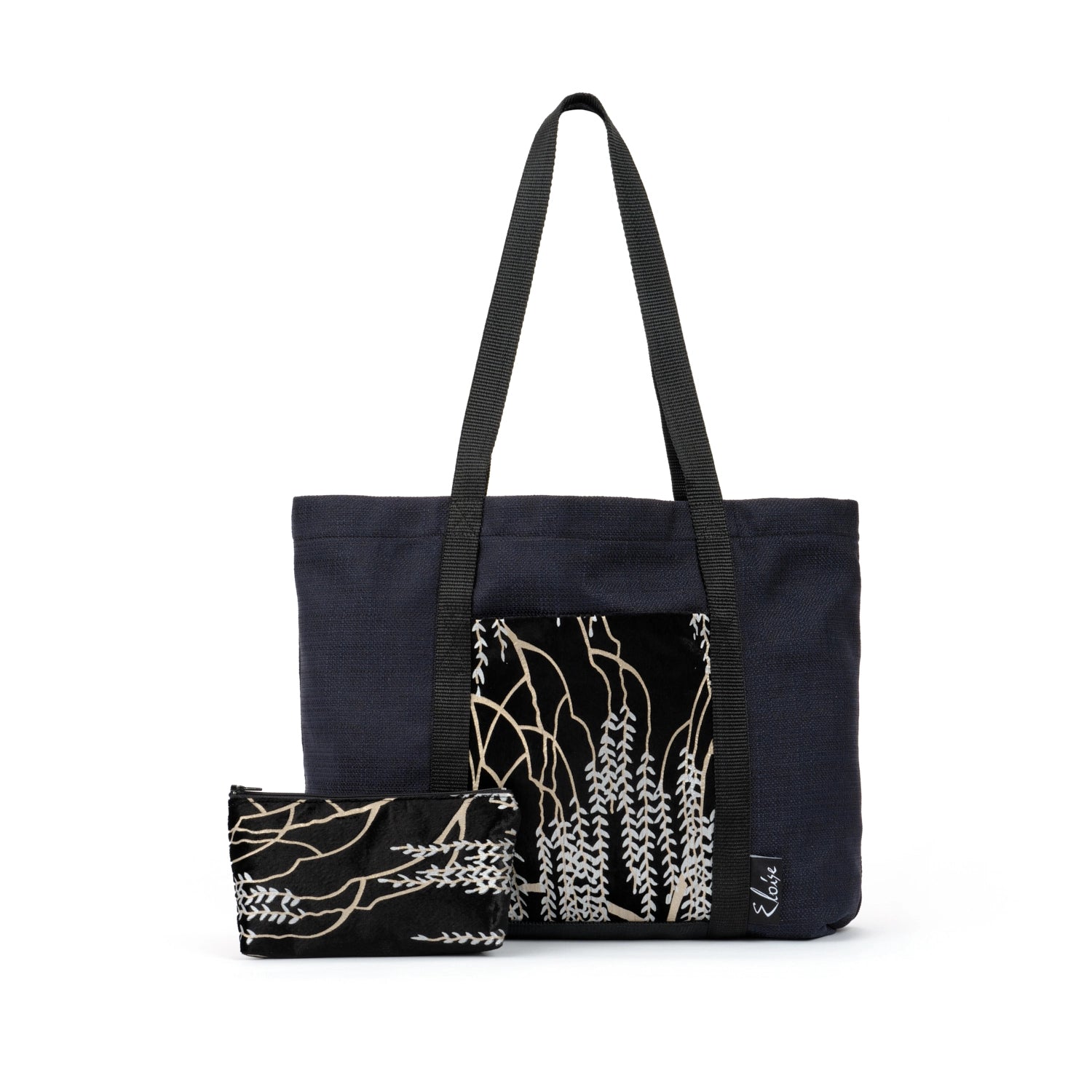 Black tote bag with gold and silver willow vine print black velvet remnant fabric front pocket matching purse set fully lined made in Melbourne Eloise the label