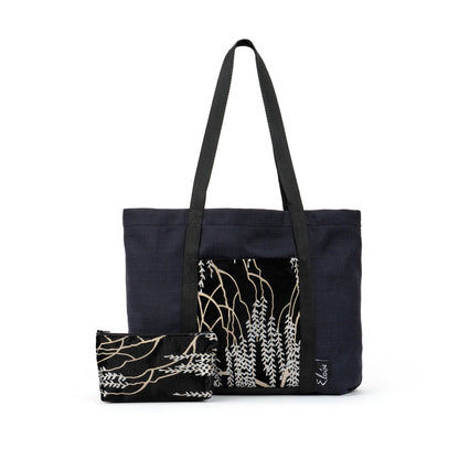 Black tote bag with gold and silver willow vine print black velvet remnant fabric front pocket matching purse set fully lined made in Melbourne Eloise the label