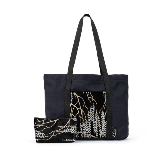 Black tote bag with gold and silver willow vine print black velvet remnant fabric front pocket matching purse set fully lined made in Melbourne Eloise the label