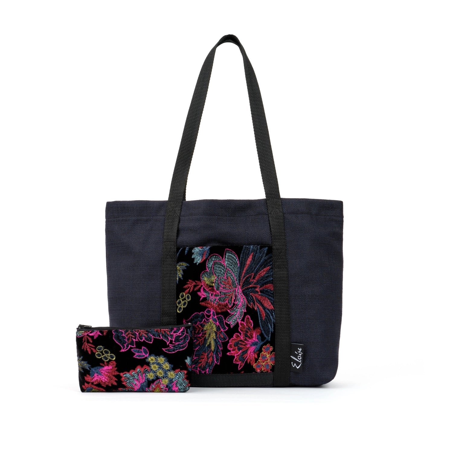 Black tote bag with pink floral embroidered black velvet remnant fabric front pocket matching purse set fully lined made in Melbourne Eloise the label
