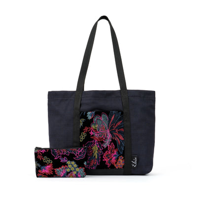 Black tote bag with pink floral embroidered black velvet remnant fabric front pocket matching purse set fully lined made in Melbourne Eloise the label
