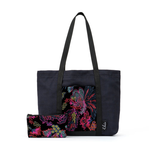 Black tote bag with pink floral embroidered black velvet remnant fabric front pocket matching purse set fully lined made in Melbourne Eloise the label