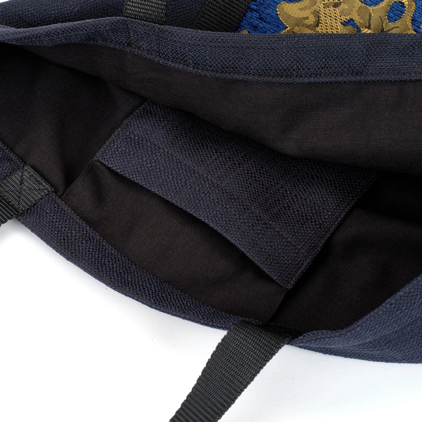 Black tote bag with blue and gold remnant fabric front pocket matching purse set fully lined made in Melbourne Eloise the label