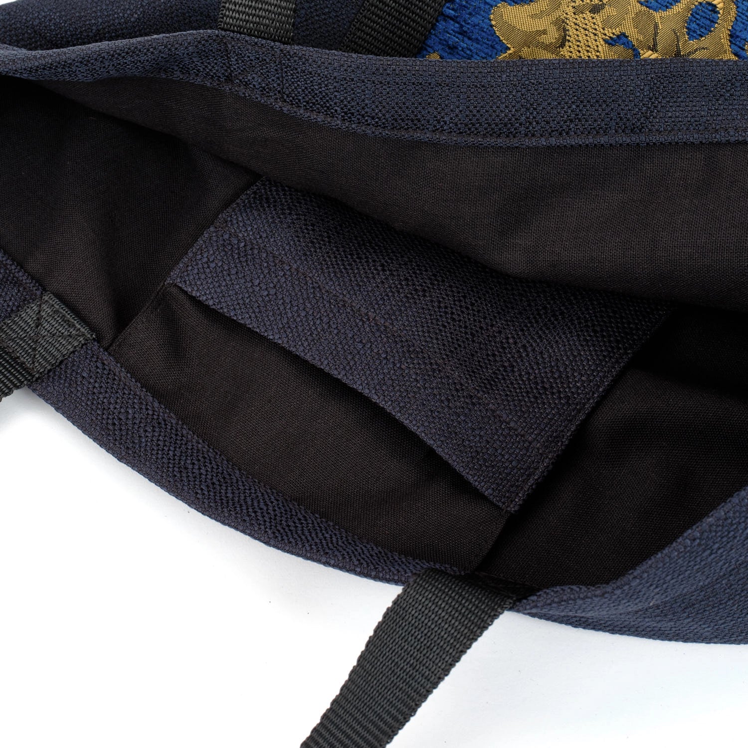 Black tote bag with blue and gold remnant fabric front pocket matching purse set fully lined made in Melbourne Eloise the label