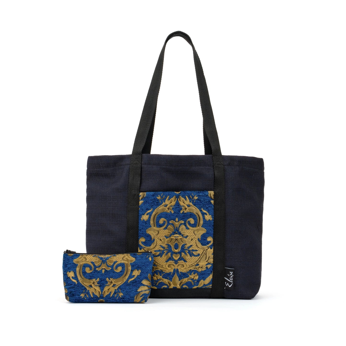 Black tote bag with blue and gold remnant fabric front pocket matching purse set fully lined made in Melbourne Eloise the label