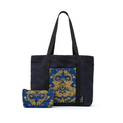 Black tote bag with blue and gold remnant fabric front pocket matching purse set fully lined made in Melbourne Eloise the label