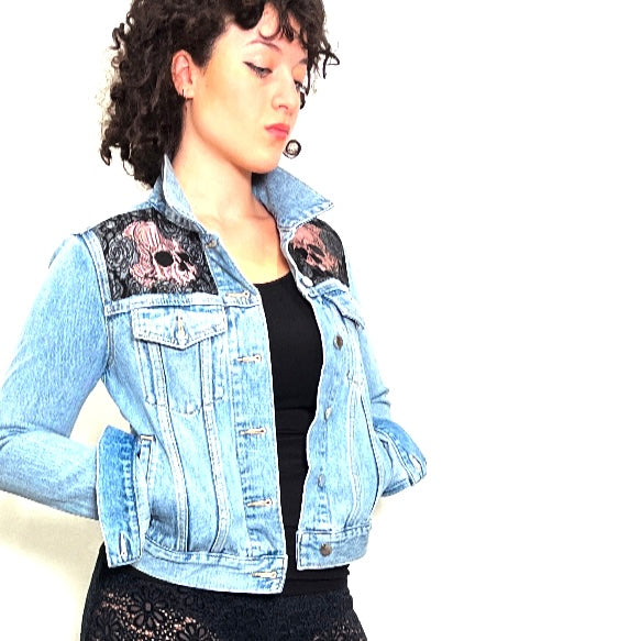 Upcycled denim jacket skulls and roses pink sustainable fashion made in melbourne 