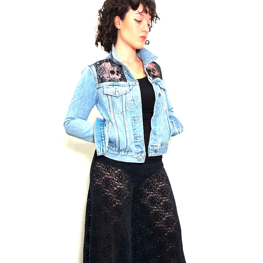 Upcycled denim jacket skulls and roses pink sustainable fashion made in melbourne 