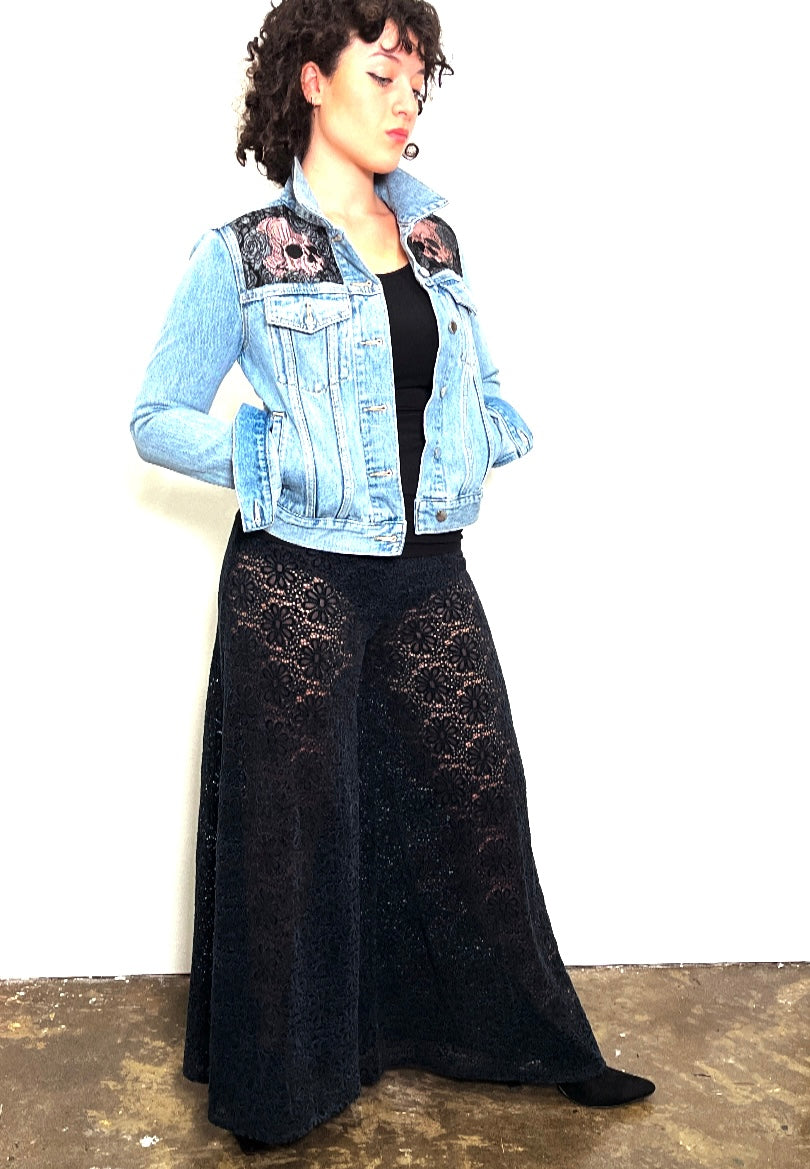 Upcycled denim jacket skulls and roses pink sustainable fashion made in melbourne 