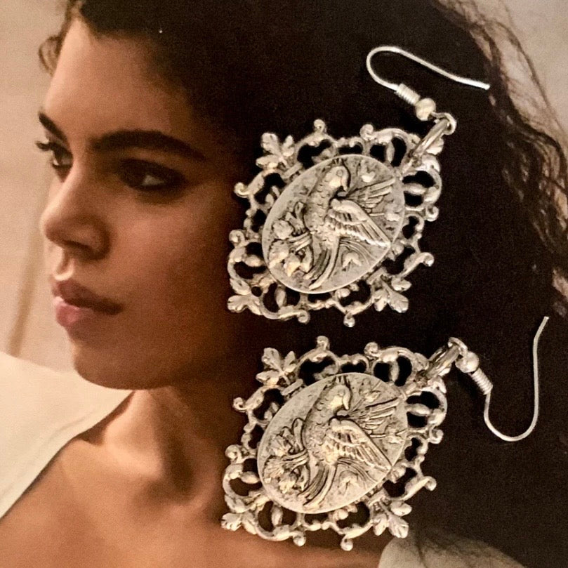 Sky Whisperer Earrings - Antique Silver Carved Bird Cameo