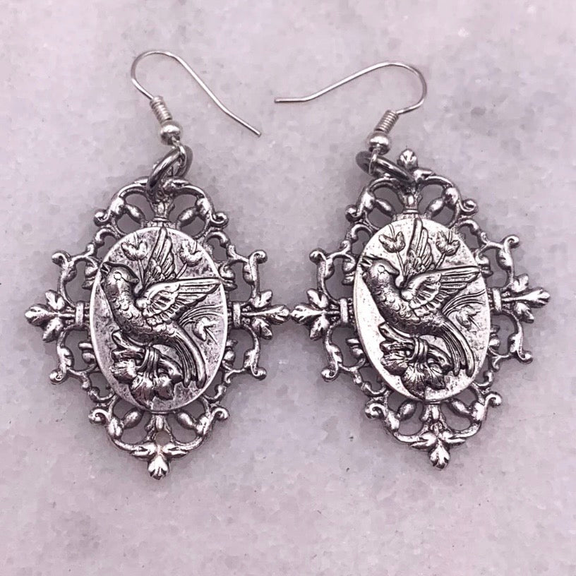 Sky Whisperer Earrings - Antique Silver Carved Bird Cameo