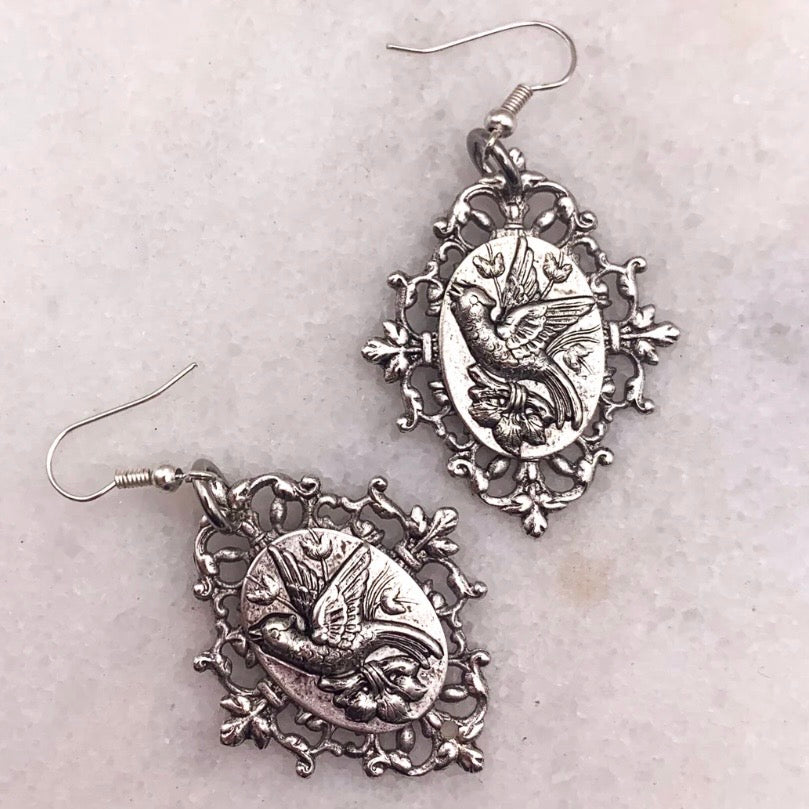 Sky Whisperer Earrings - Antique Silver Carved Bird Cameo