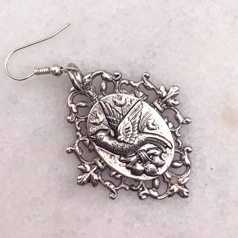 Sky Whisperer Earrings - Antique Silver Carved Bird Cameo