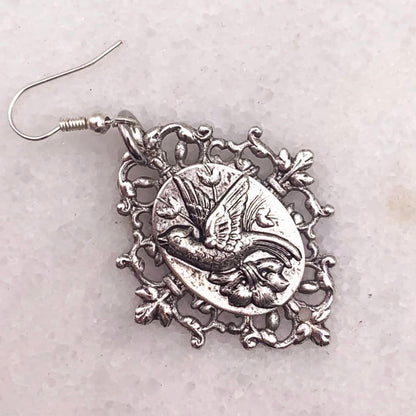 Sky Whisperer Earrings - Antique Silver Carved Bird Cameo