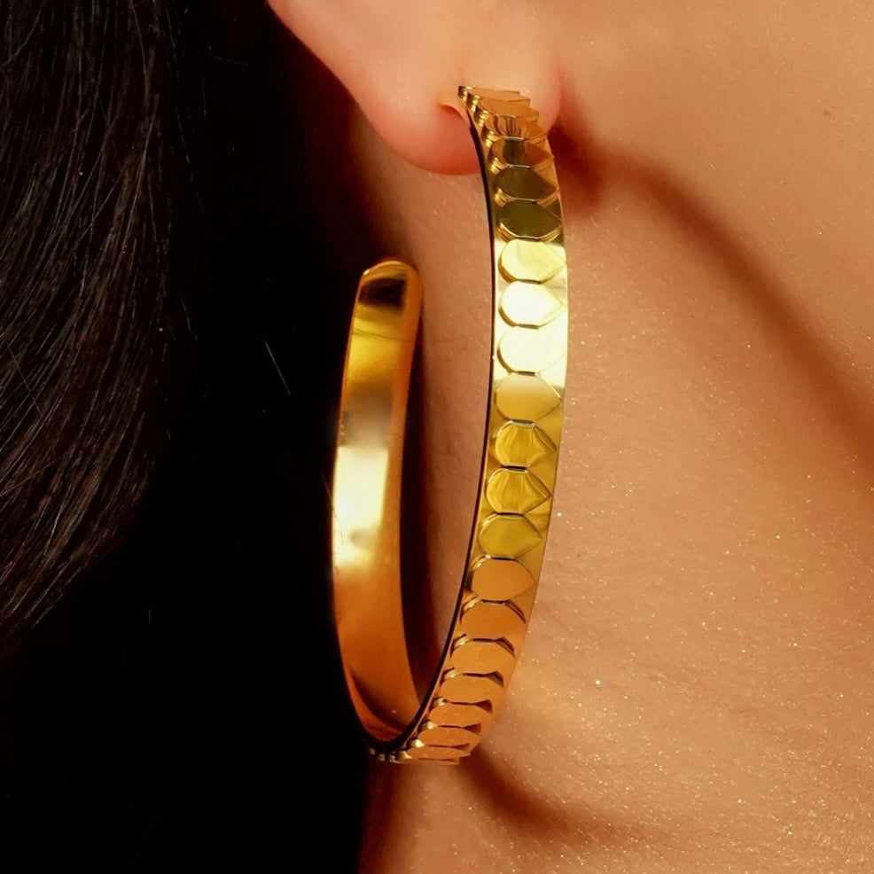 Gold Snake Scale Large Hoop Earrings