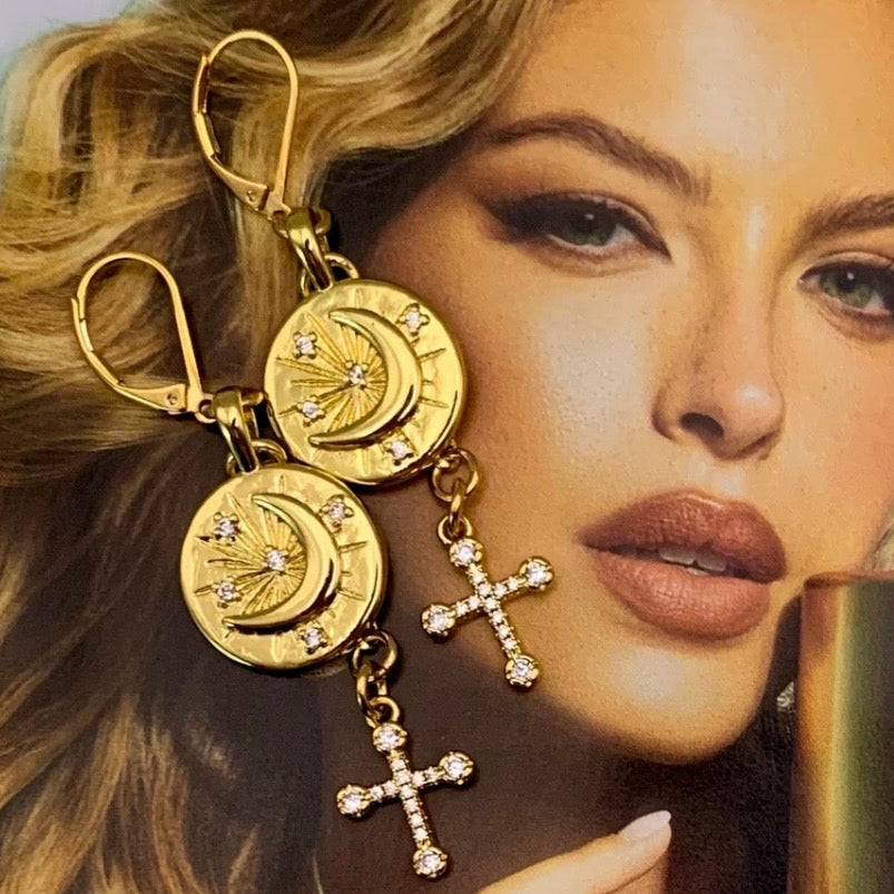 Solar Gold Cross Earrings