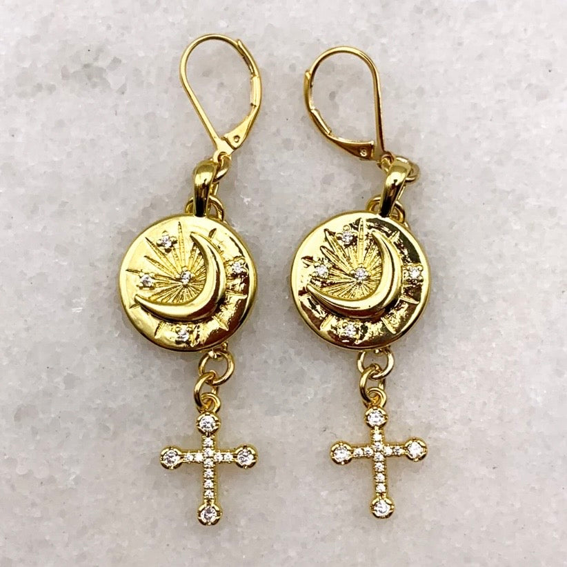 Solar Gold Cross Earrings
